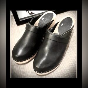 MIA Swedish Leather Mule Clogs Wooden Platform in Black Size 9.5